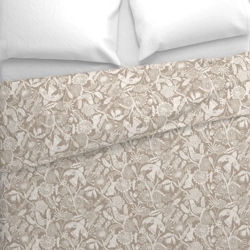 Linocut Block Print Floral Duvet Cover - Off-White alternate view