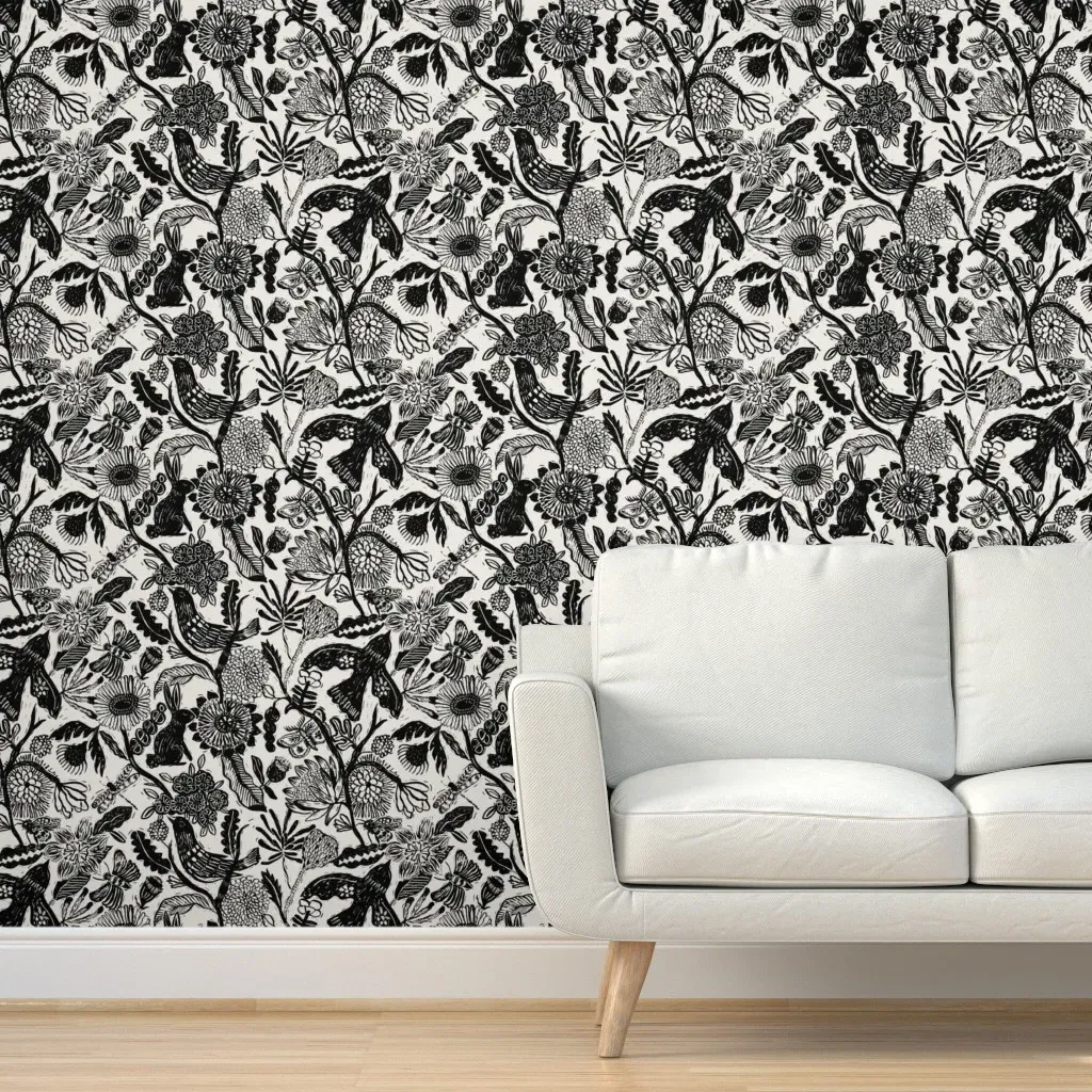 Linocut Block Print Floral Peel and Stick Wallpaper - Black product