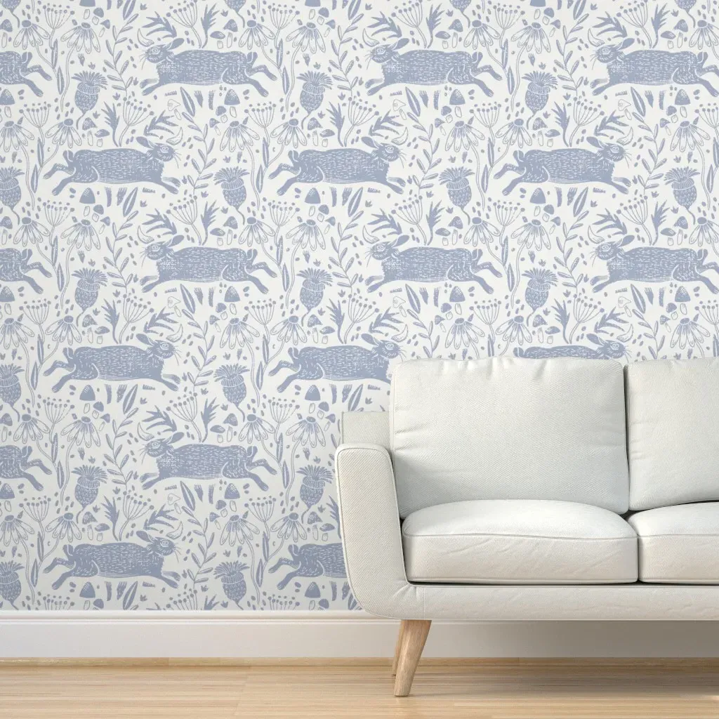 Linocut Cottontails Peel and Stick Wallpaper - Dusty Blue product