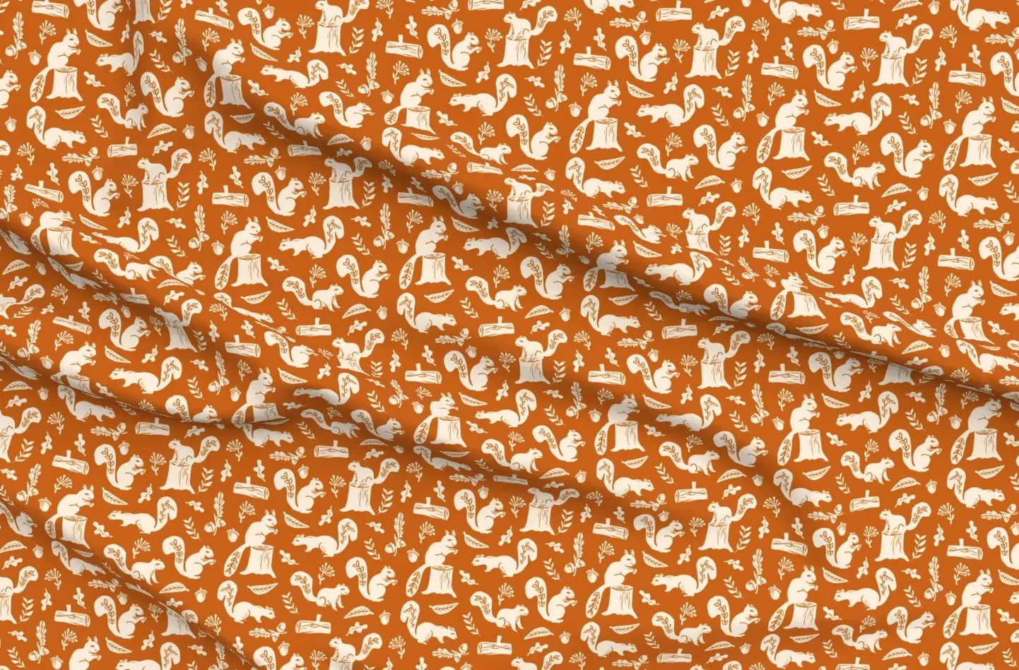 Linocut Fall Squirrels Trees Acorn Print Fabric - Orange, White product