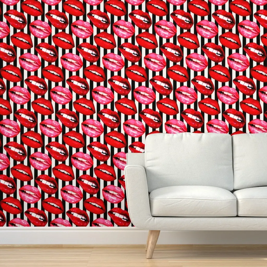 Lips Stripes Peel and Stick Wallpaper - Black, Pink product