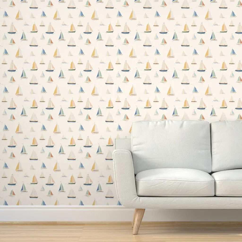 Little Hand Drawn Sailboats Peel and Stick Wallpaper - Blue product