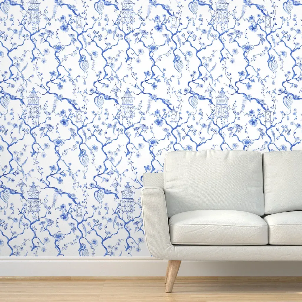 Little Pagoda Chinoiserie Peel and Stick Wallpaper - Blue, White product