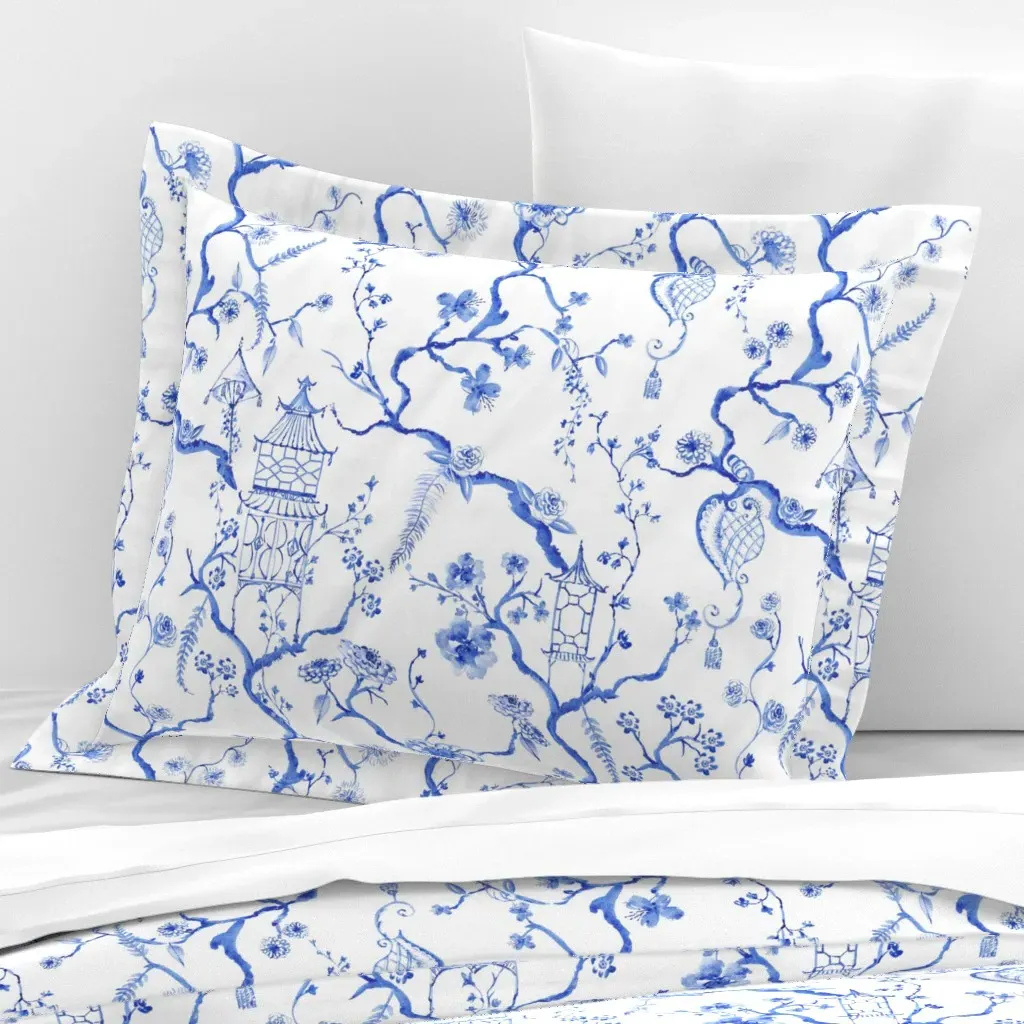 Little Pagoda Chinoiserie Standard Flanged Pillow Sham - Blue, Cotton Sateen product