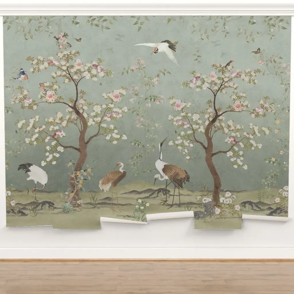 Liu Vintage Chinoiserie Garden Crane Birds Peel and Stick Wall Mural - Teal product