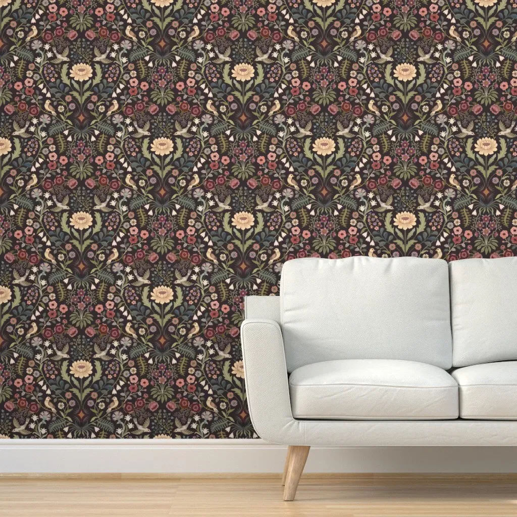 Lively Garden Floral Folk Art Birds Peel and Stick Wallpaper - Green product