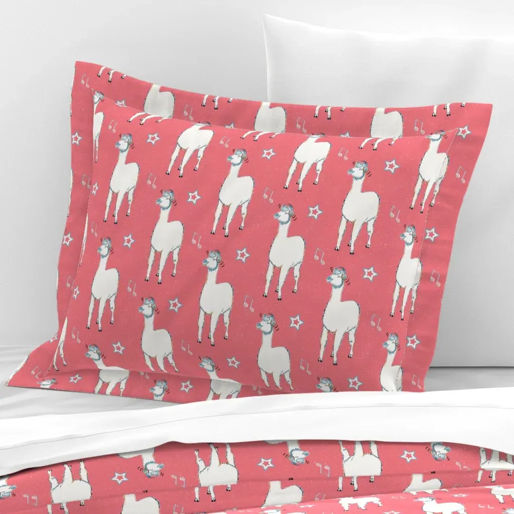 Llama With Headphones Standard Flanged Cushion Cover - Pink, Cotton Sateen product