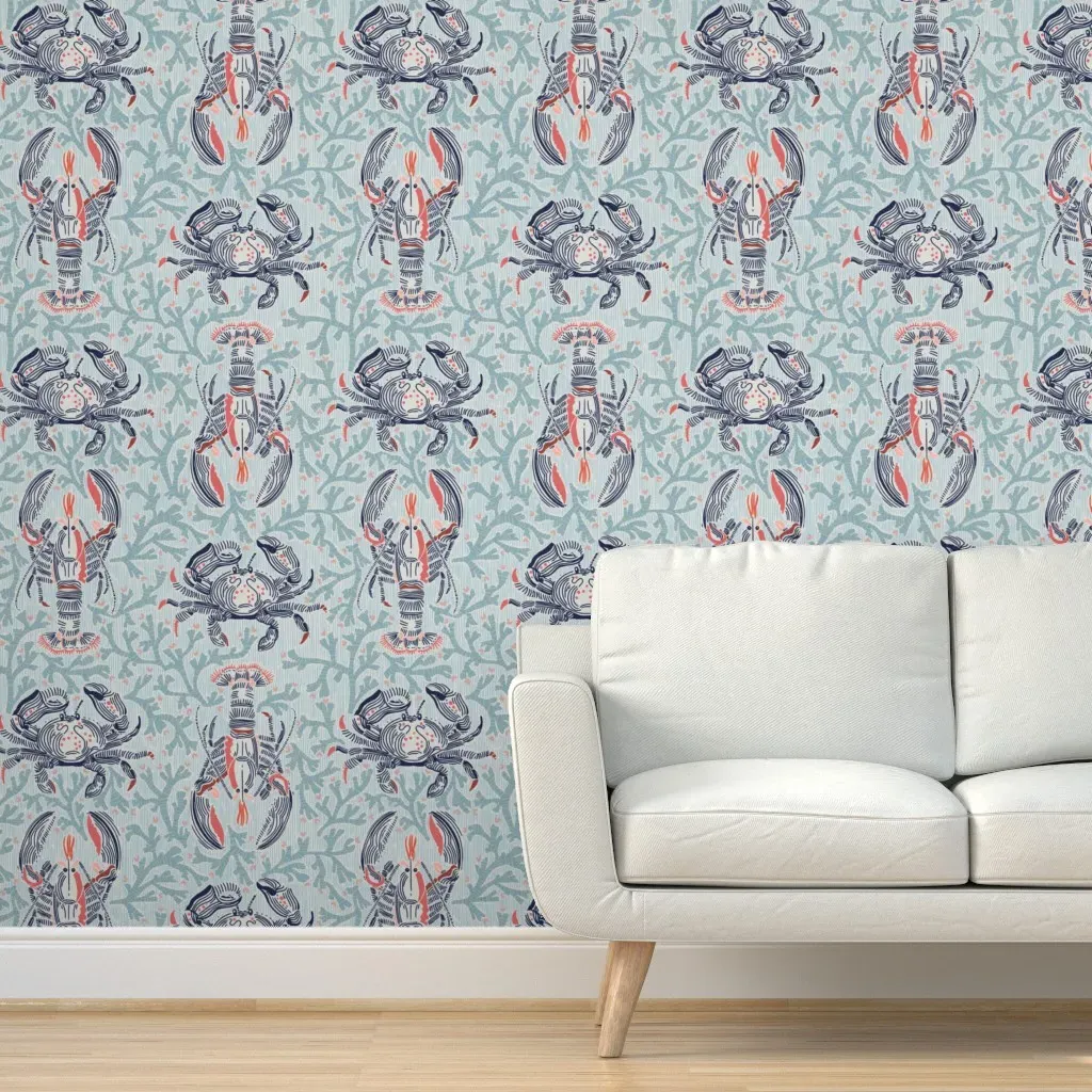 Lobster And Crab Coastal Nostalgia Peel and Stick Wallpaper - Mint product