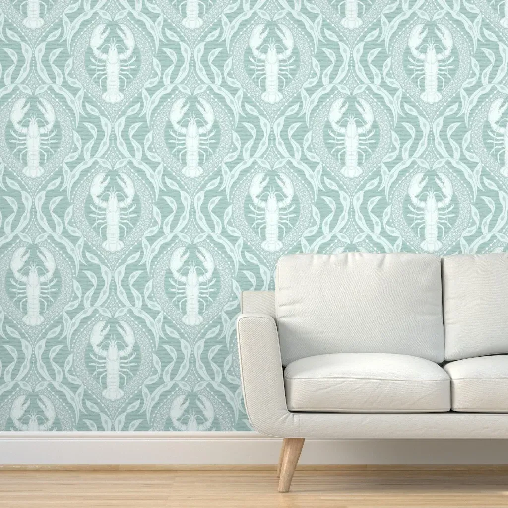 Lobster And Seaweed Nautical Damask Peel and Stick Wallpaper - Seafoam Green product