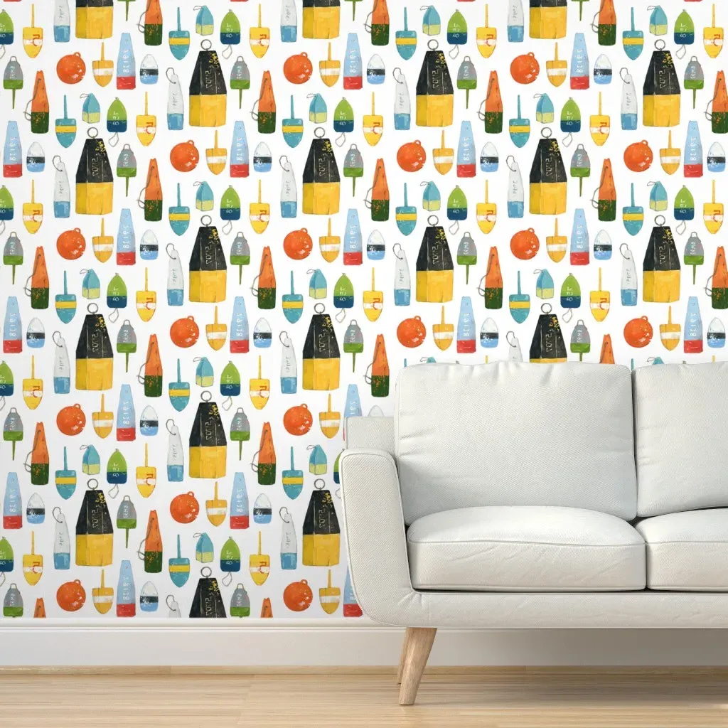 Lobster Buoys Large Peel and Stick Wallpaper - Mint, Green, Orange product