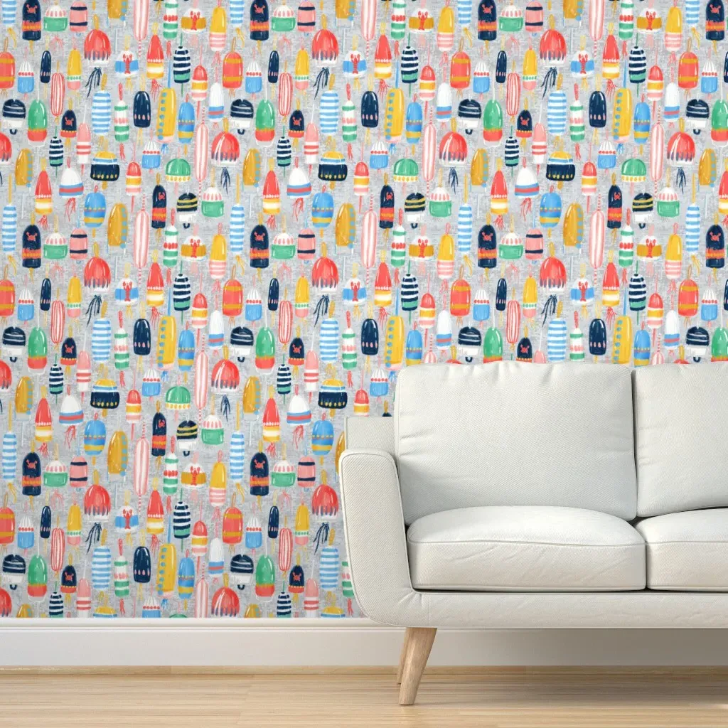 Lobster Buoys on Grey Burlap Peel and Stick Wallpaper - Light Gray product