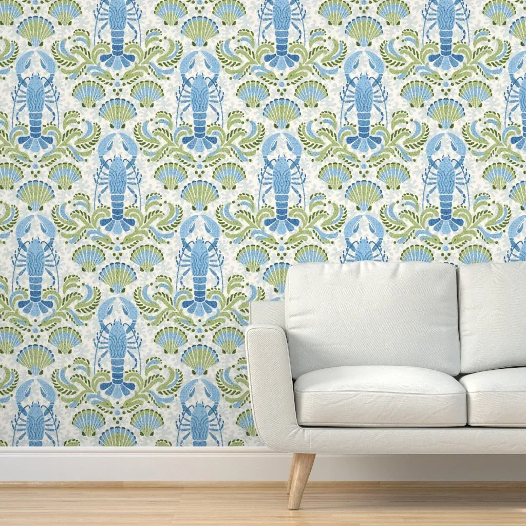 Lobster Damask Peel and Stick Wallpaper - Blue, Green product