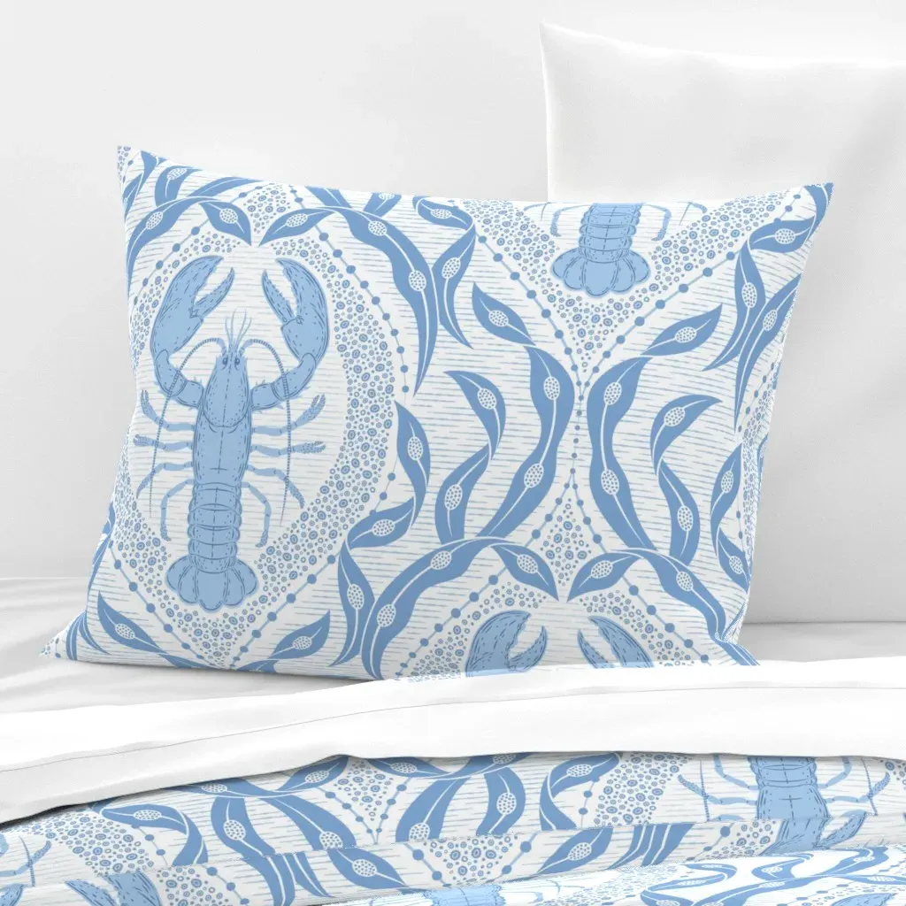 Lobster Seaweed Nautical Damask Standard Pillow - White Blue, Cotton Sateen product