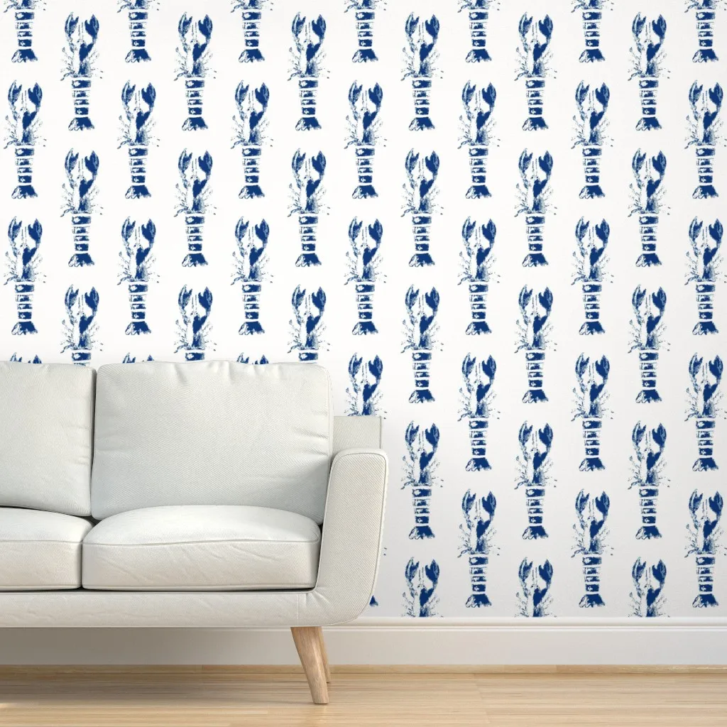 Lobster Wood Block Print Peel and Stick Wallpaper - White & Navy product