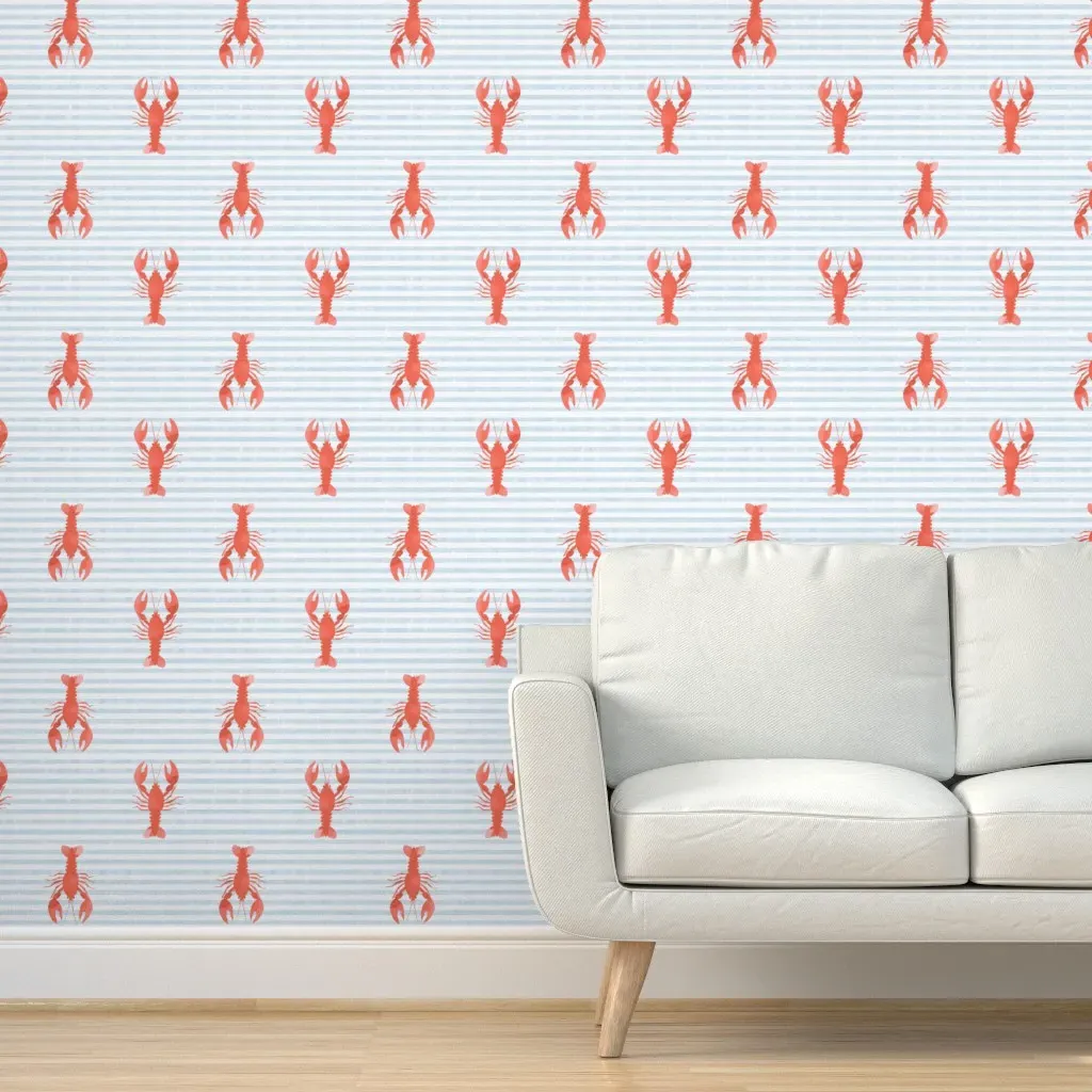 Lobsters On Blue Stripes Peel and Stick Wallpaper - Coral product