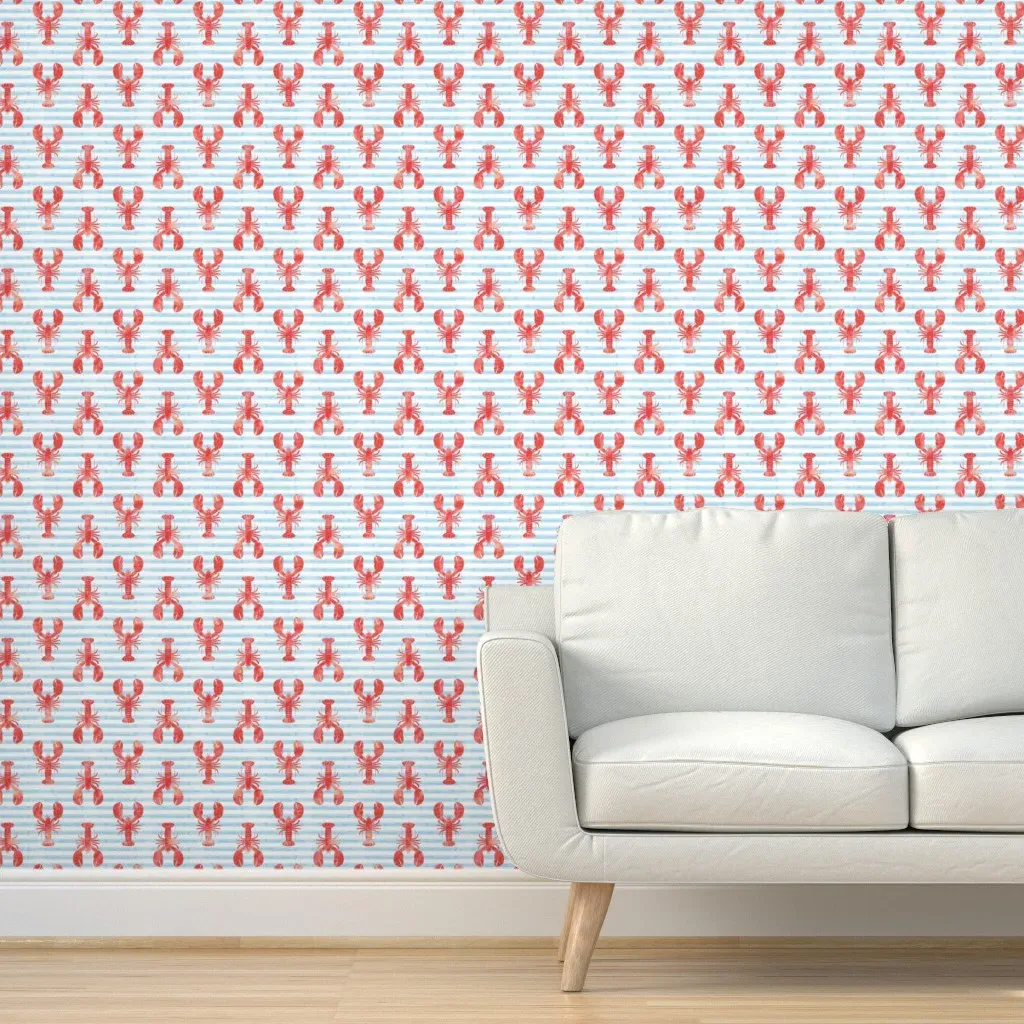 Lobsters Peel and Stick Wallpaper - Red, Blue Stripes product