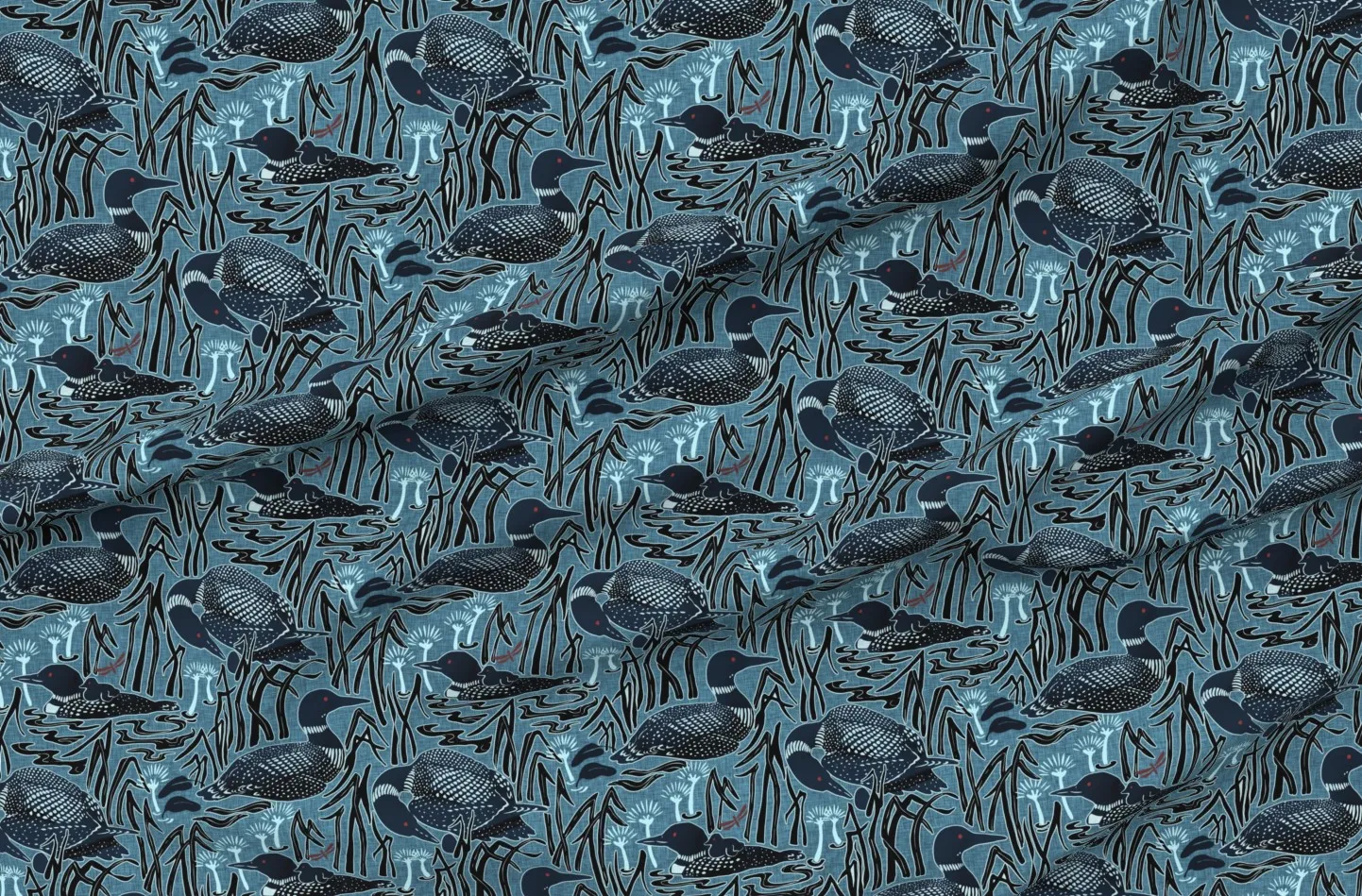Loon Birds At Dusk Large Fabric Yardage - Dark Blue, Pique product