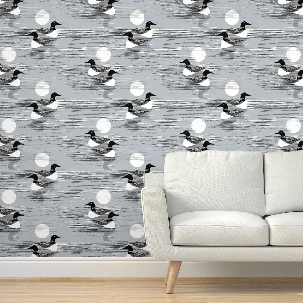 Loons And Moons Peel and Stick Wallpaper Removable - Gray product