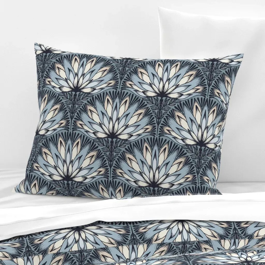 Lotos Fantasy Flower Scallop Standard Pillow - Blue Gray, Cotton Sateen product