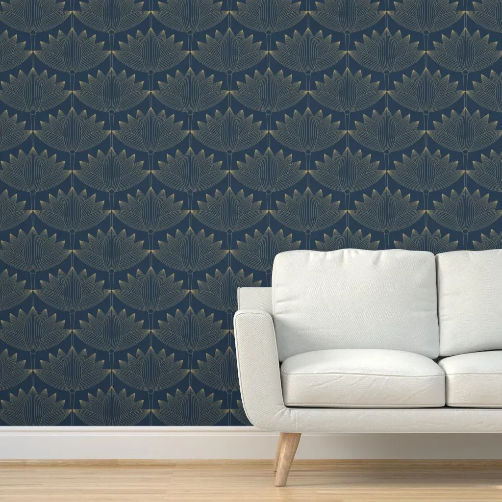 Lotus Art Deco Peel and Stick Wallpaper - Deep Blue Teal, Gold product