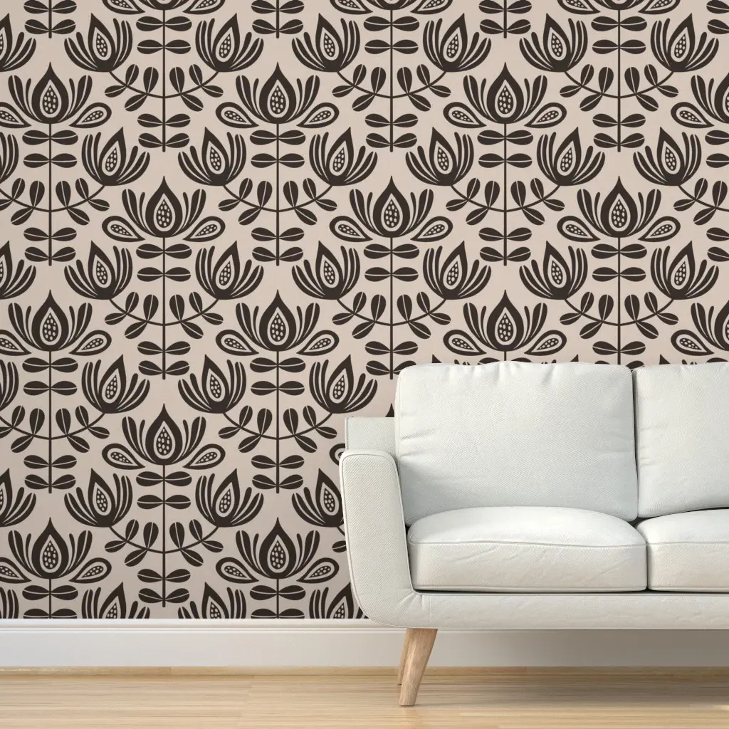 Lotus Flower Folk Damask Peel and Stick Wallpaper - Black, White product