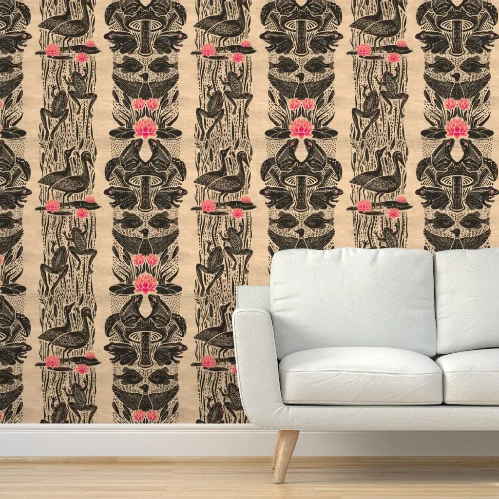 Louisiana Bullfrog Fete Block Print Peel and Stick Wallpaper - Black, Pink product
