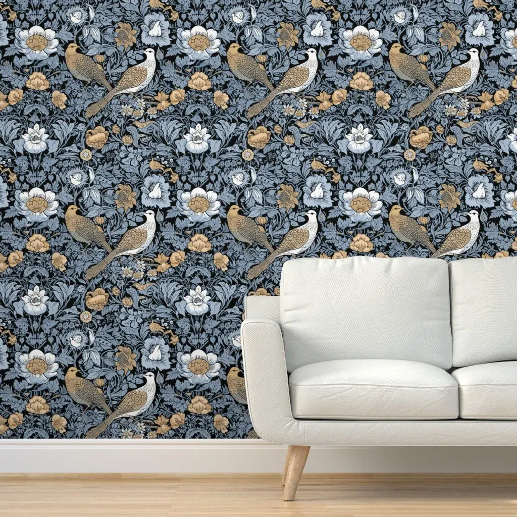 Love Birds Peel and Stick Wallpaper - Gold/Blue on Black product