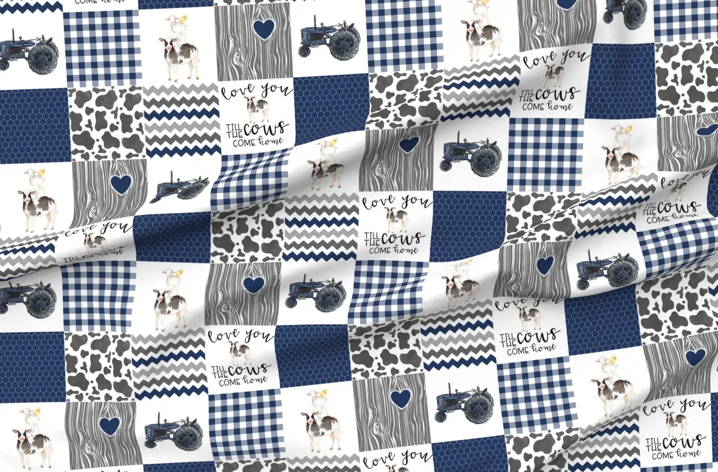 Love You Till The Cows Come Home Tractor Cheater Quilt - Navy Blue product
