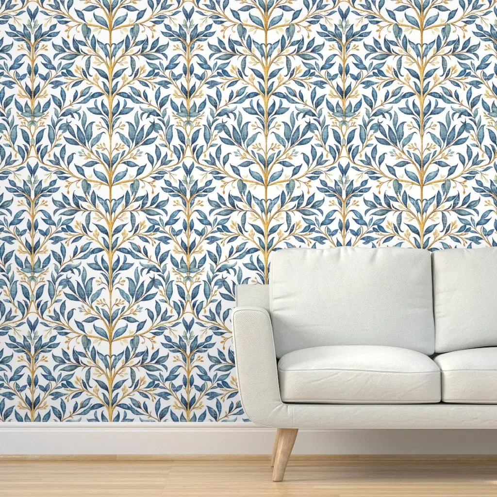 Loving Tree Peel and Stick Wallpaper - Blue/Gold, Rustic White Linen product