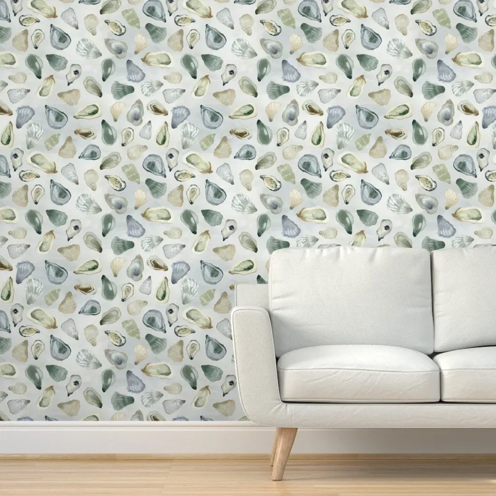 Lowcountry Watercolor Oysters Peel and Stick Wallpaper - Light Gray-Blue product