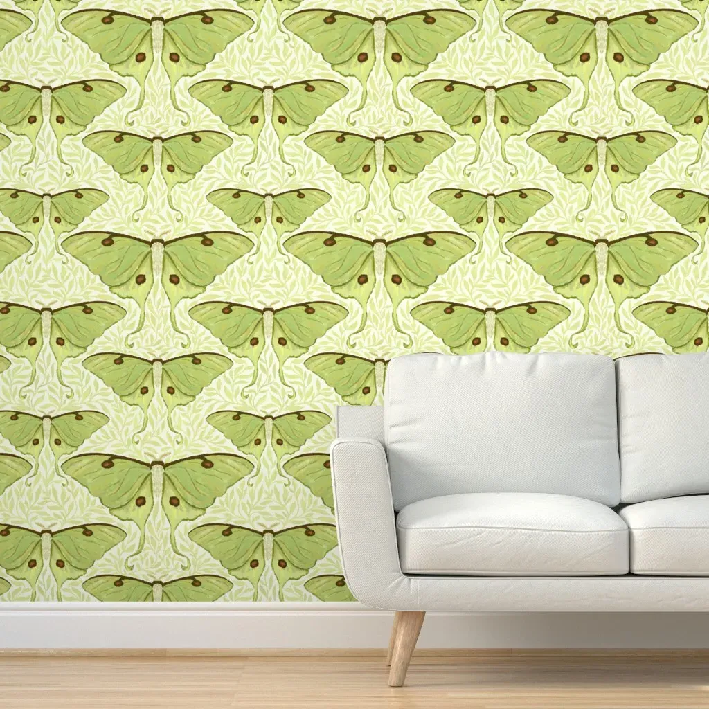 Luna Moth And Botanicals Peel and Stick Wallpaper - Pastel Lime Green product