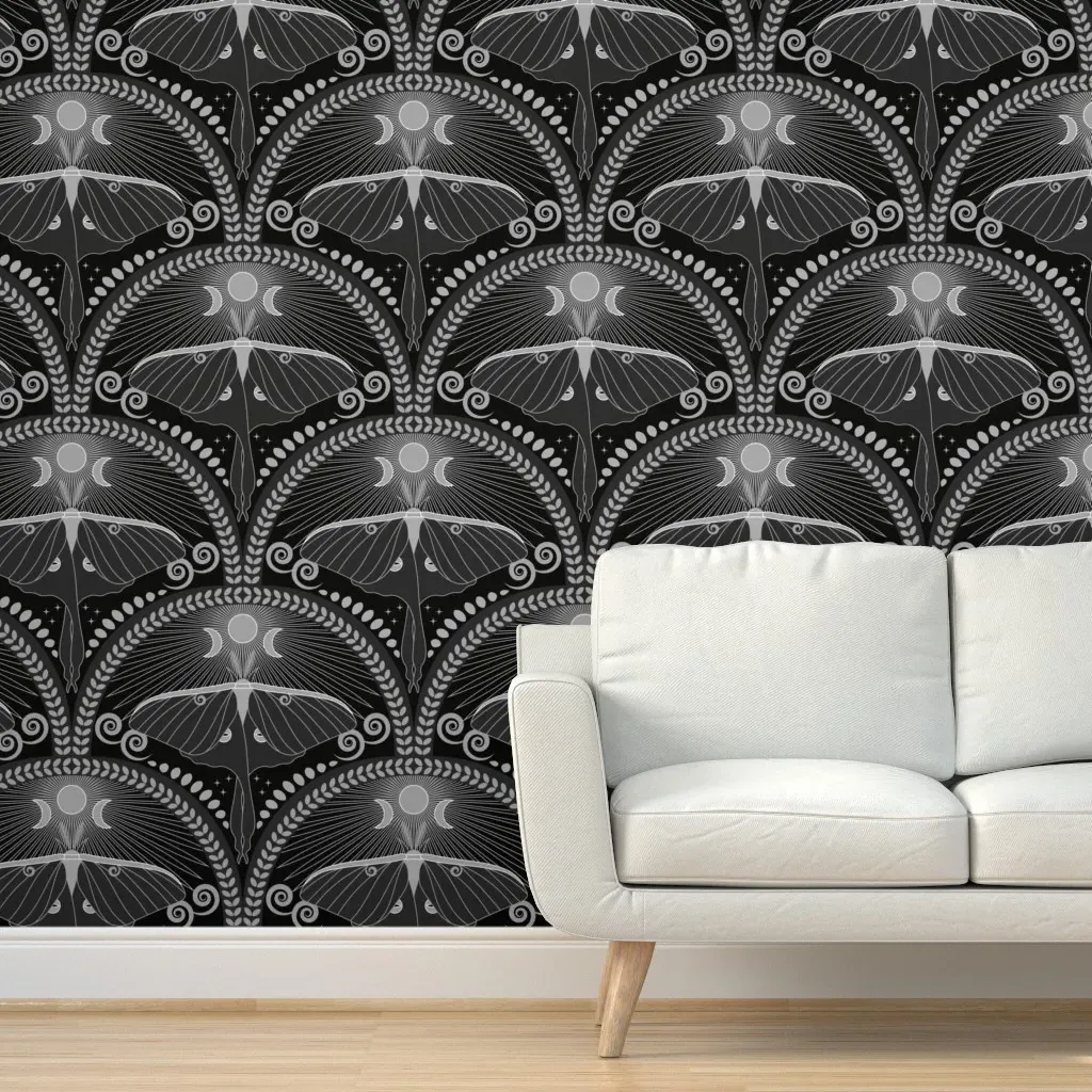 Luna Moth Ascent Art Deco Peel and Stick Wallpaper - Dark Gray product