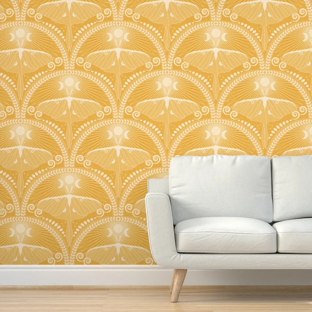Luna Moth Ascent Art Deco Peel and Stick Wallpaper - Gold, Marigold Orange product