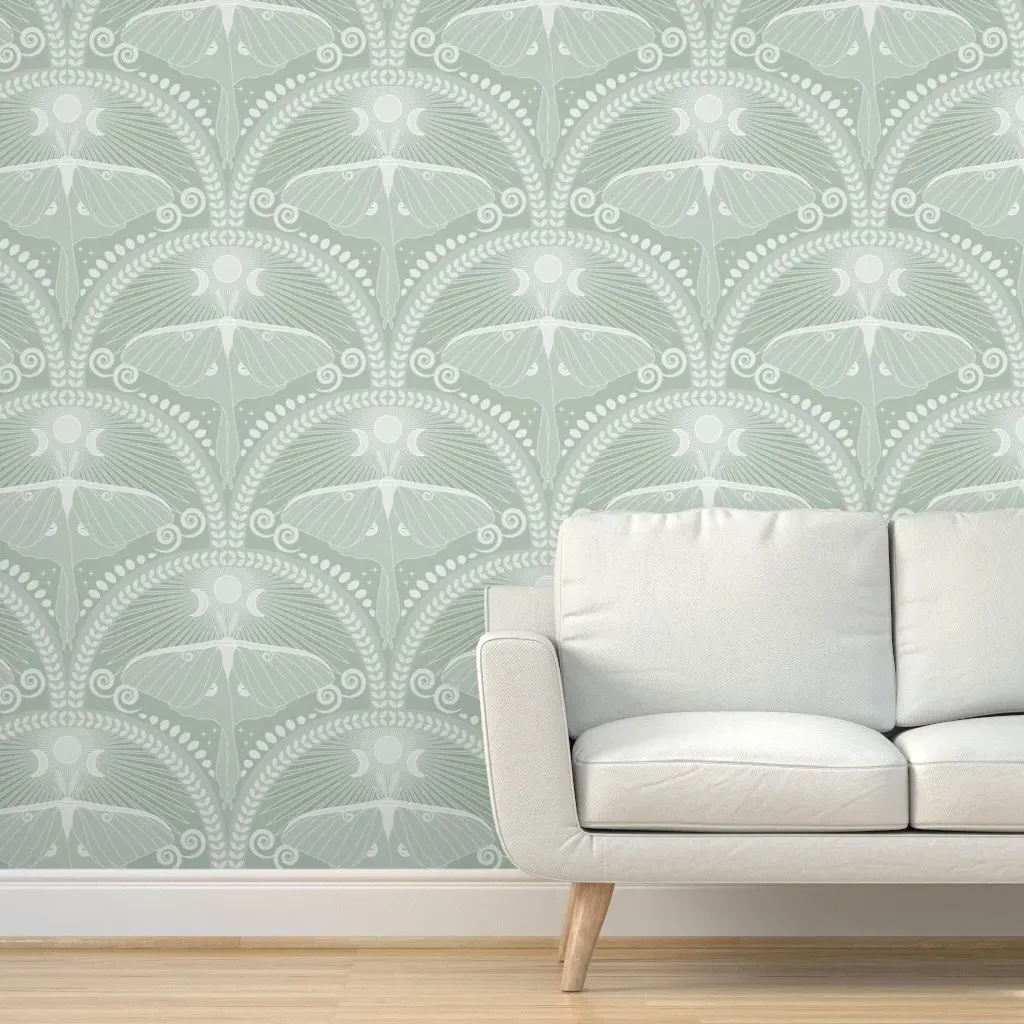 Luna Moth Ascent Art Deco Peel and Stick Wallpaper - Sage Green product