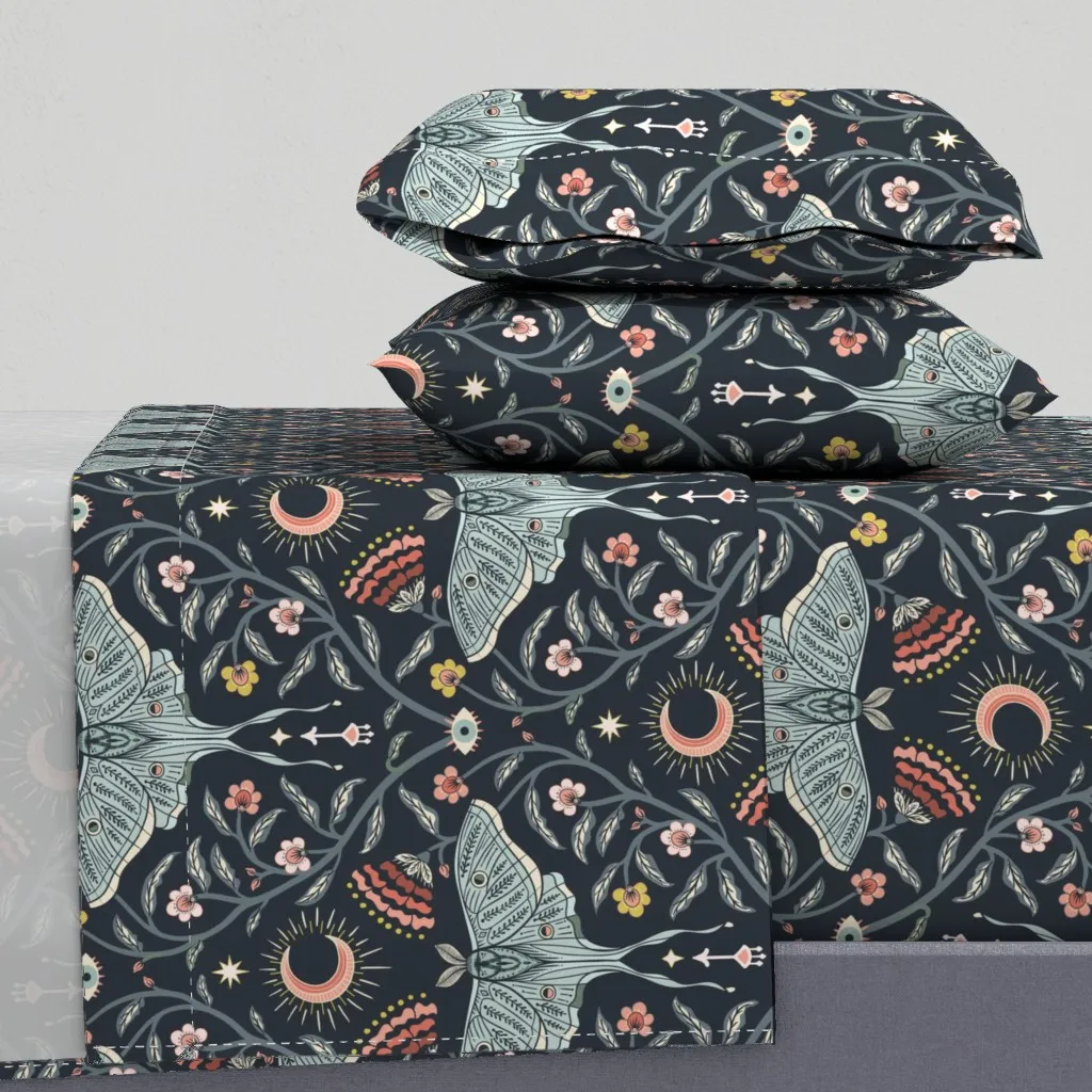 Luna Moth Damask Full Sheet Set - Dusty Blue product