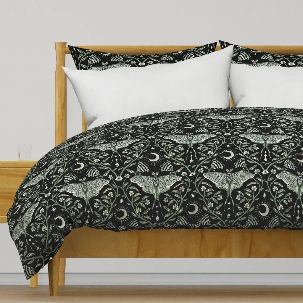 Luna Moth Damask Moon Flowers Duvet Cover - Sage Green product
