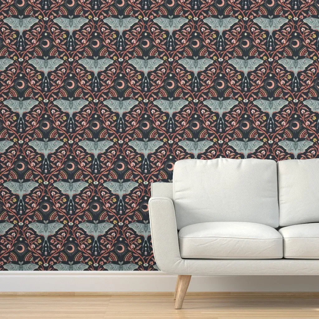 Luna Moth Damask Peel and Stick Wallpaper - Dusty Blue product