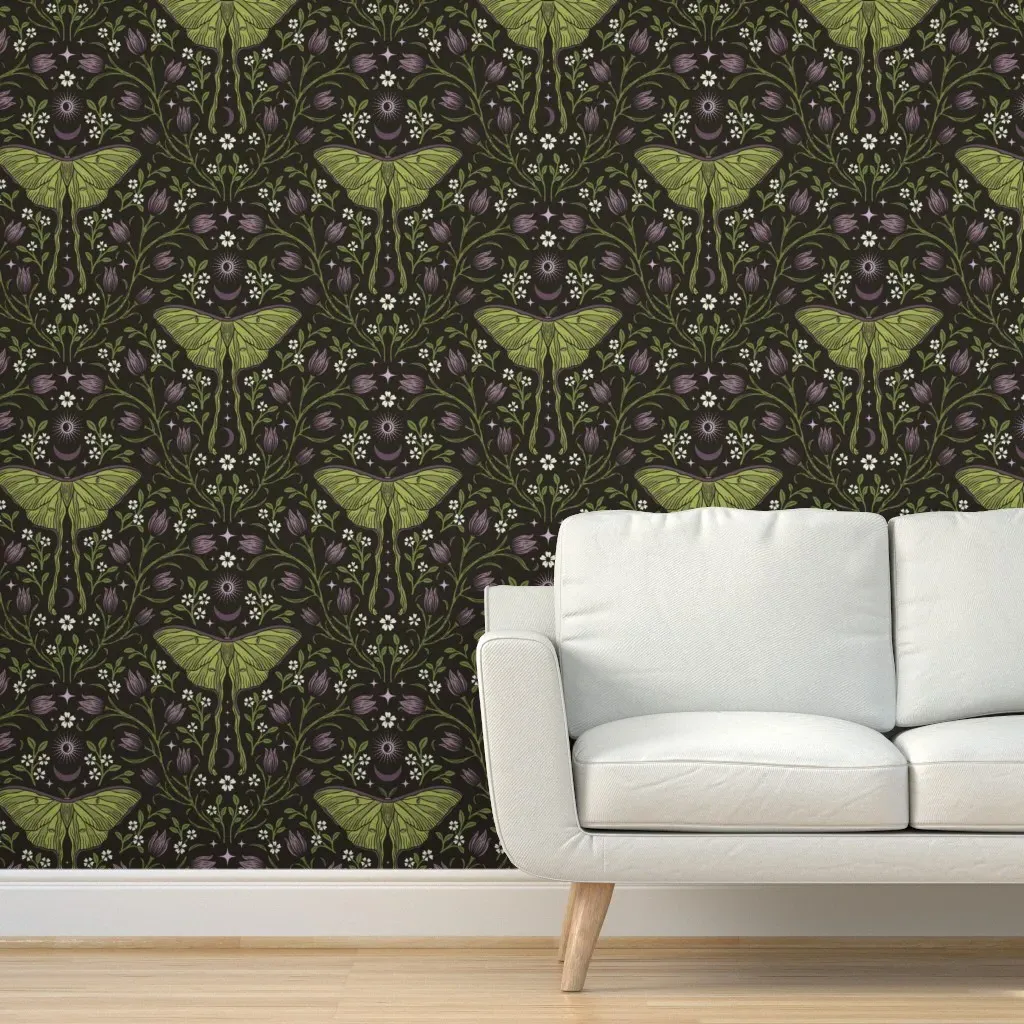 Luna Moth Peel and Stick Wallpaper - Green, Purple product