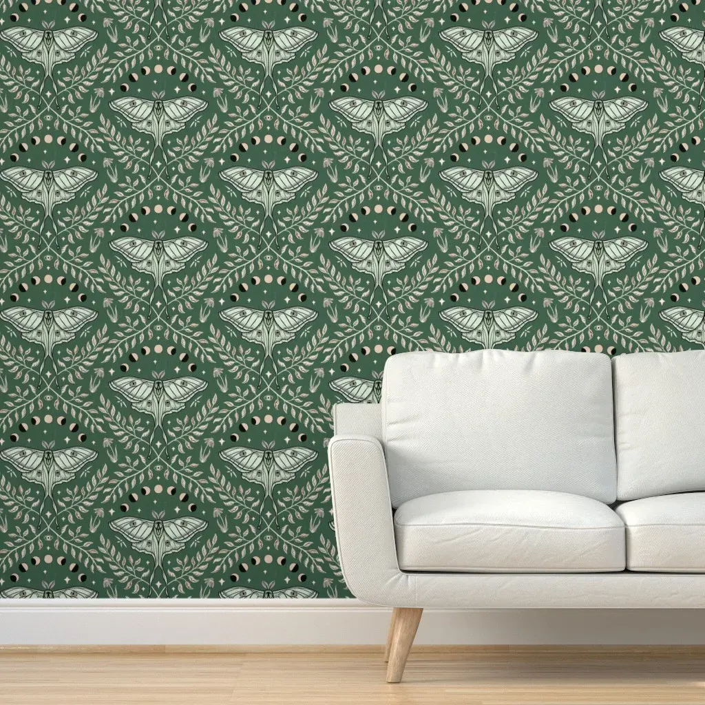 Luna Moths Damask Moon Phases Peel and Stick Wallpaper - Olive Green product