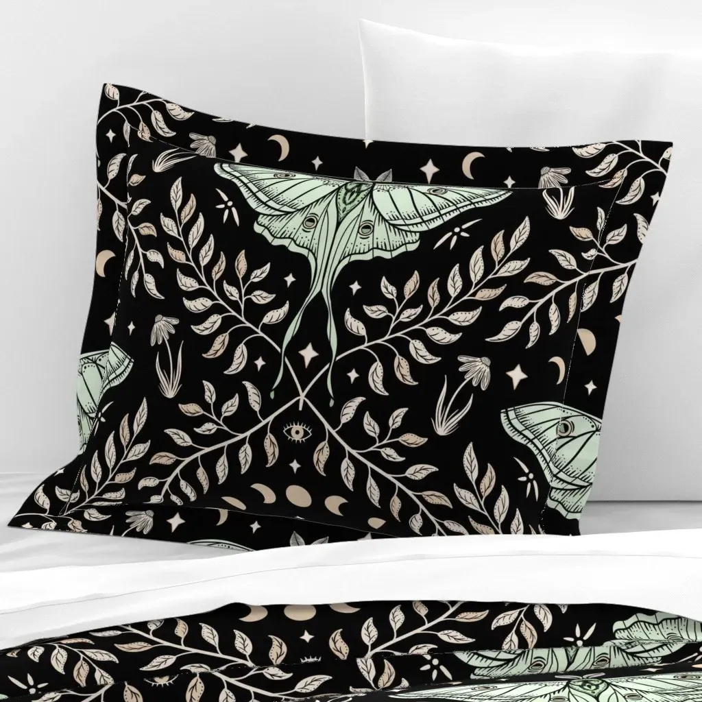 Luna Moths Damask Moon Phases Standard Flanged Cushion - Black, Cotton Sateen product