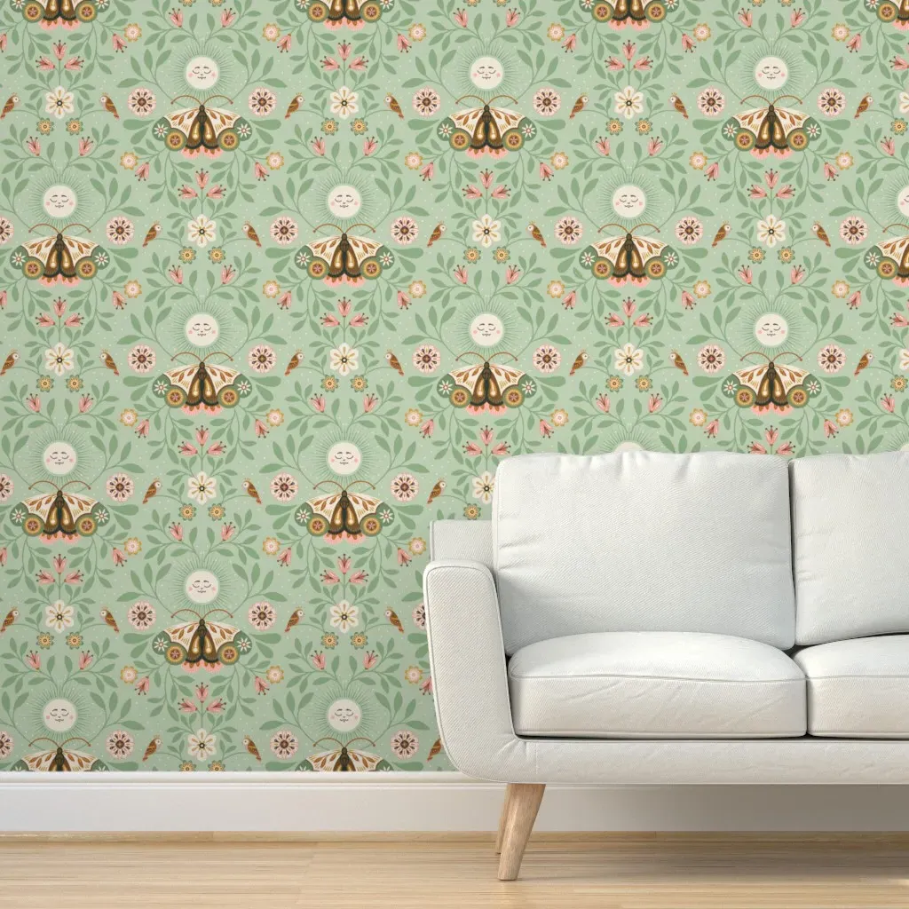 Lunar Moth Meadow Floral Peel and Stick Wallpaper - Sage Green product
