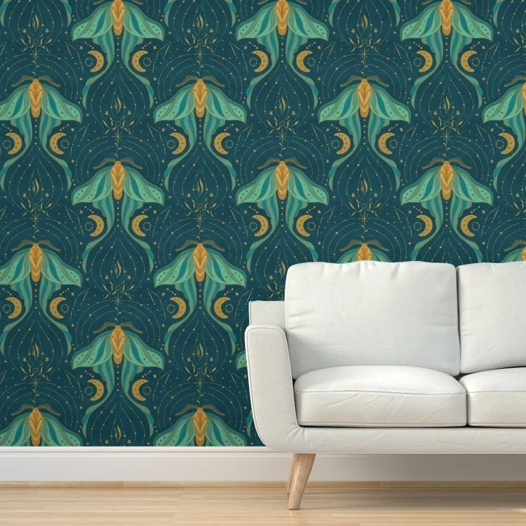 Lunar Moth Moon & Stars Peel and Stick Wallpaper - Teal product