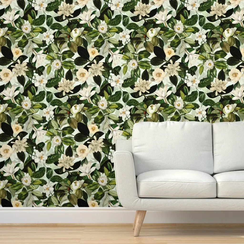 Lush Antique Magnolia Peel and Stick Wallpaper - White, Green product