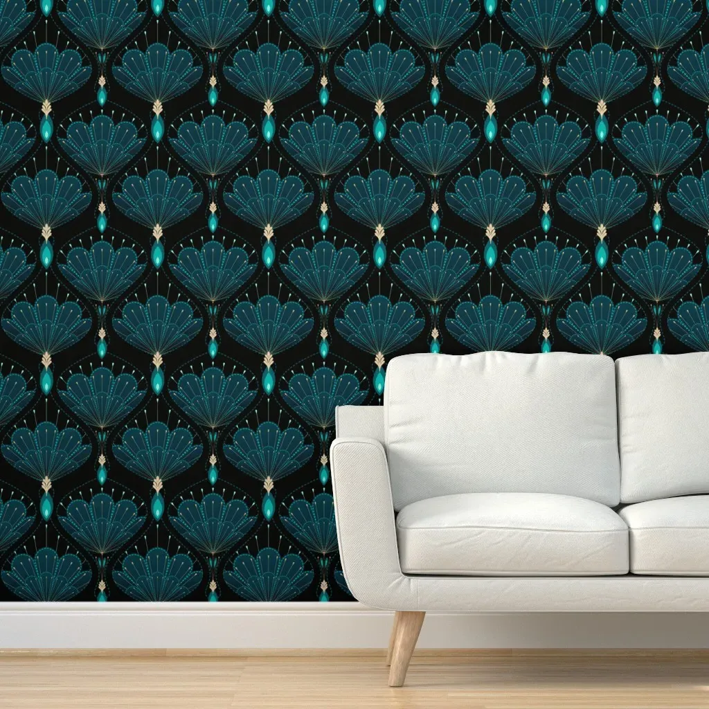 Lush Art Deco Peacock Peel and Stick Wallpaper - Teal, Black product