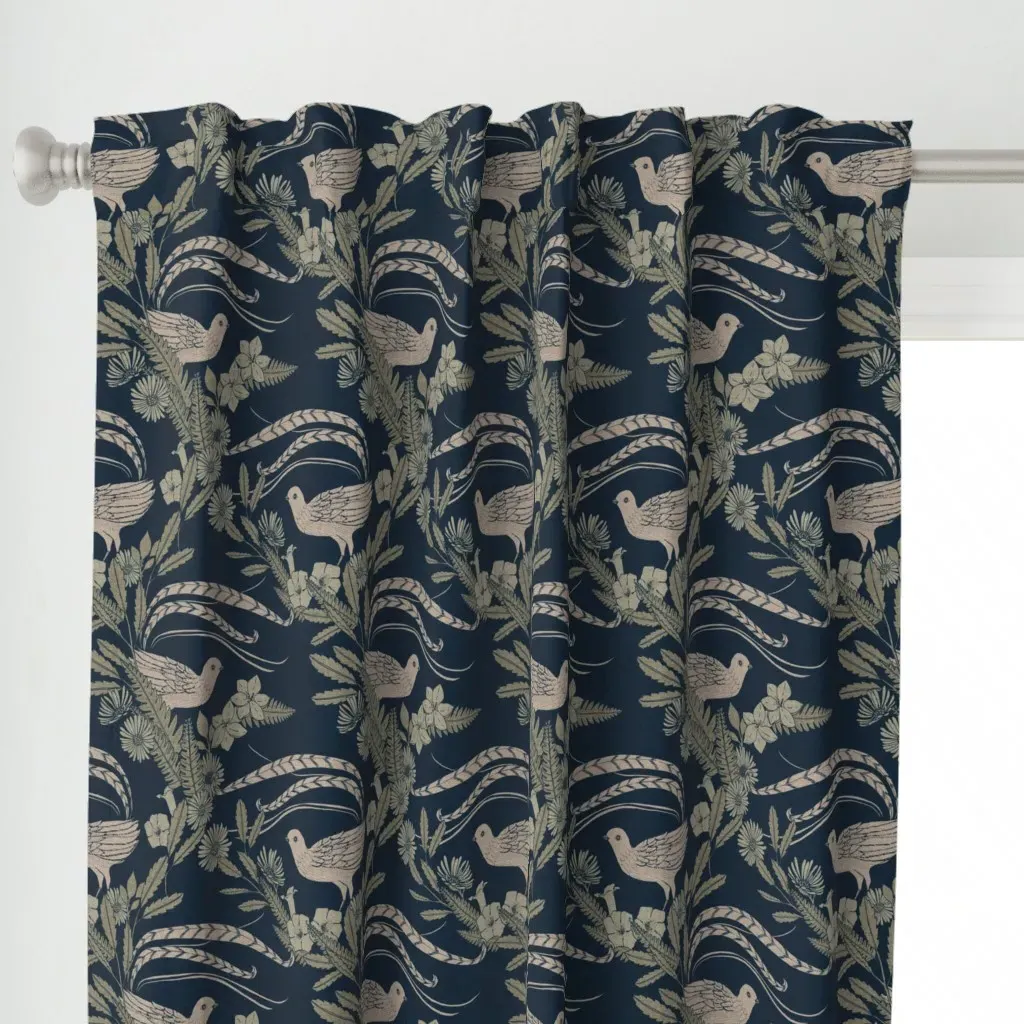 Lyrebird Garden Prussian Curtain Panel - Beige, Cream alternate view