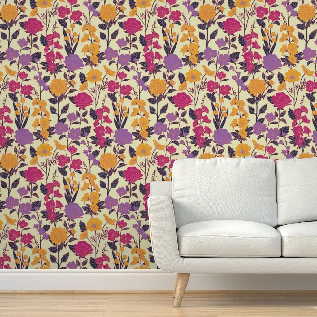 Magenta Purple & Yellow Flower Garden Peel and Stick Wallpaper - Purple product