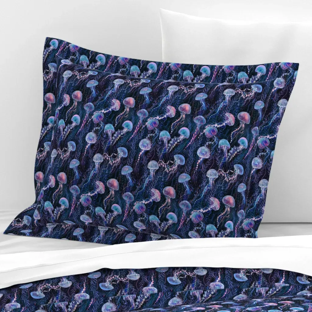 Magic Jellyfish Watercolor Standard Flanged Cushion Cover - Deep Teal, Cotton Sateen product