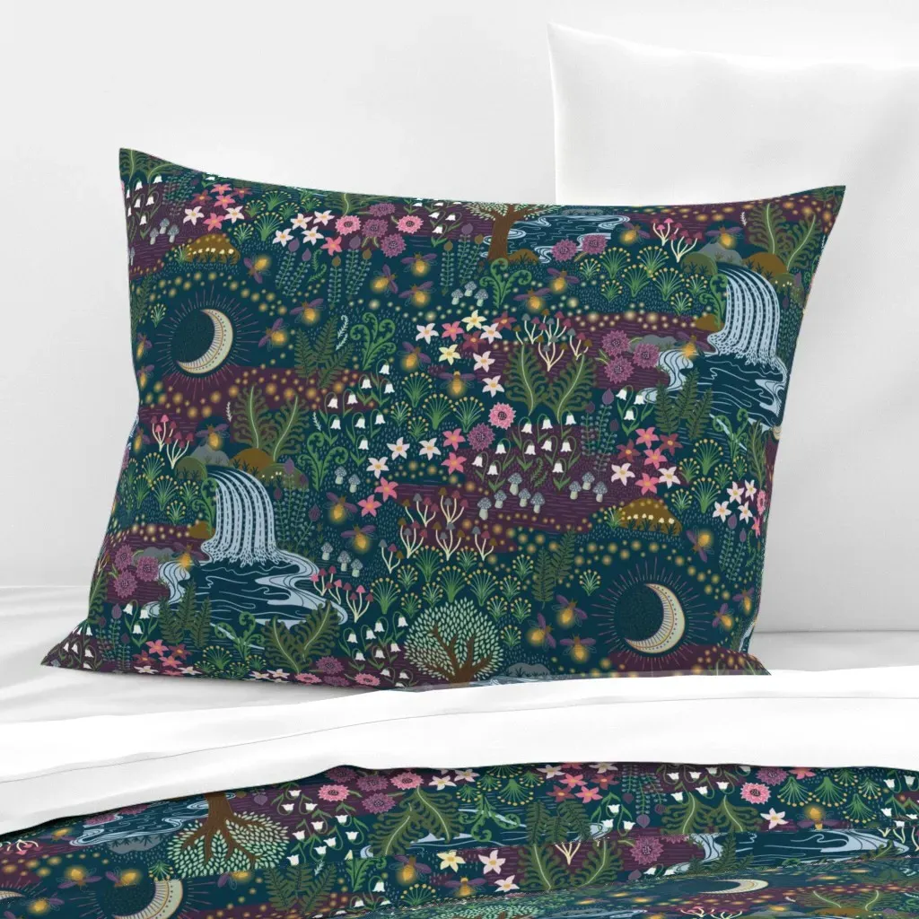 Magic Meadow Moon Flowers Standard Pillow - Dark Teal, Cotton Sateen product