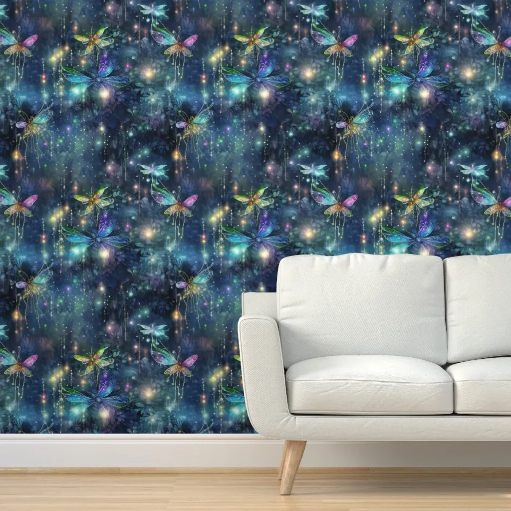 Magical Fantasy Rainbow Firefly & Dragonfly Fairy Lights Peel and Stick Wallpaper - Teal product