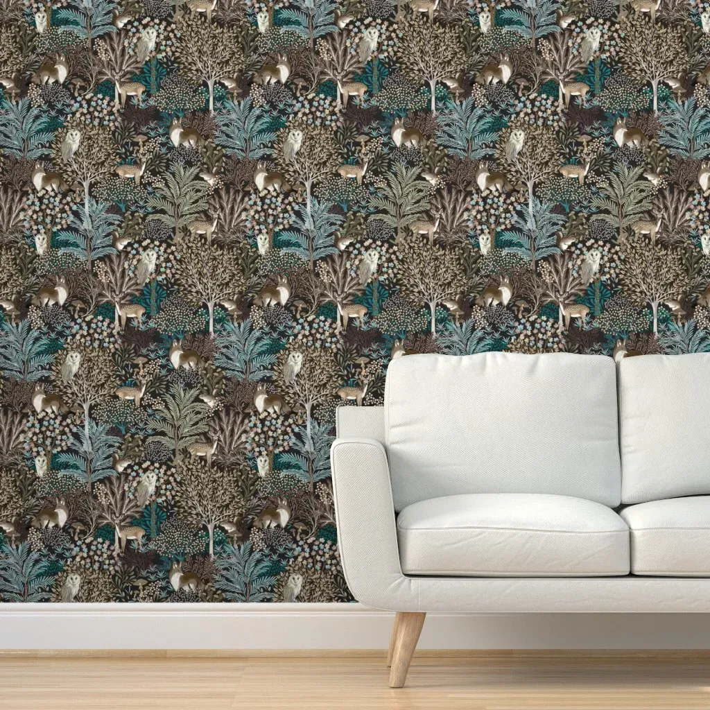 Magical Forest Trees Woodland Animals Peel and Stick Wallpaper - Teal product
